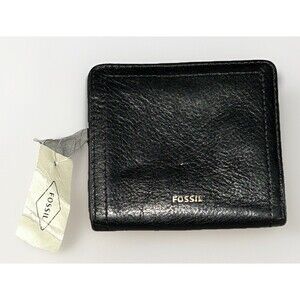 Fossil Logan Leather Bifold Black Gold Logo Snap Wallet Unisex RFID NWT Classic